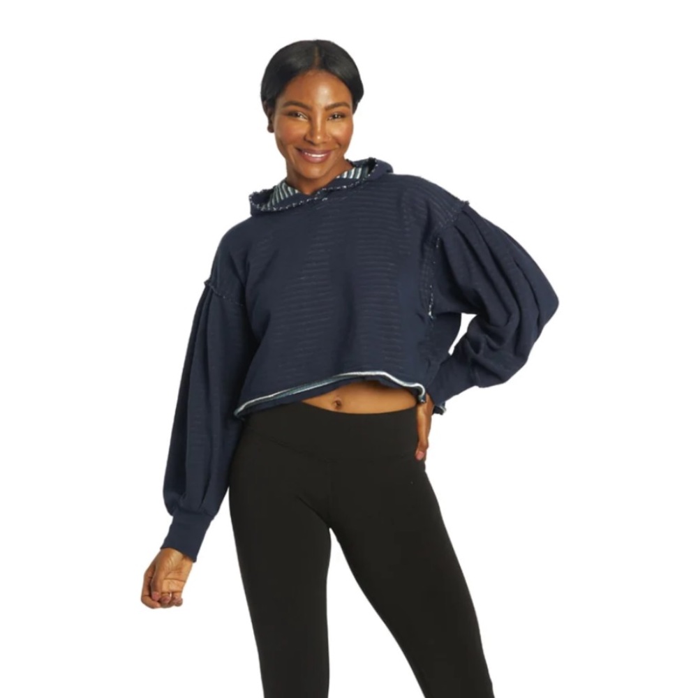 Free People Balloon Sleeve Crop Top Reversible Hoodie Navy L